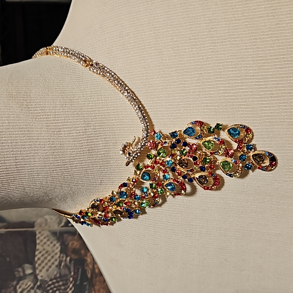 Multicolor Rhinestone Peacock Statement Necklace … - image 2
